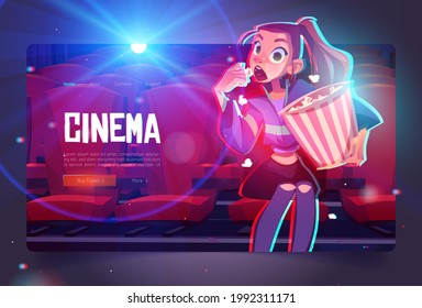 Cinema cartoon web banner, young mesmerized girl with pop corn bucket sitting in movie theater front of screen watching very interesting film with open mouth, buy tickets online, Vector webpage design