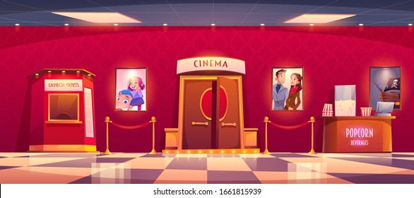 Cinema with cashbox and counter with popcorn. Vector cartoon illustration of luxury movie theater interior with tickets and snack shop, film posters and red rope fence