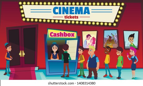 Cinema Cashbox Sells Tickets To Film Cartoon Flat. Young People Stand In Line At Cinema Box Office For Tickets Upcoming Film Screening. Horizontal Vector Illustration. Cinema Hall.