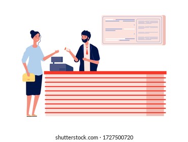 Cinema cashier. Woman buy ticket. Happy girl visiting movie theater or entertaiment center. Flat visitor and administrator vector illustration