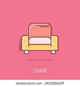 Cinema chair icon in comic style. Armchair cartoon vector illustration on isolated background. Theater seat splash effect business concept.