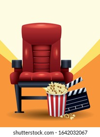 cinema chair with popcorn bucket and clapboard over orange and white background, colorful design, vector illustration