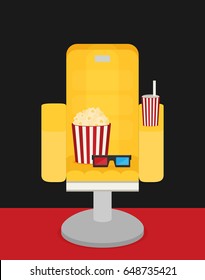 Cinema chair with popcorn, soda. Vector illustration.