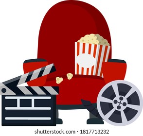 Cinema chair. Red armchair and seat. Set of movie elements. Film, corn popcorn, soda drink. Concept and objects. Cartoon flat illustration isolated on white