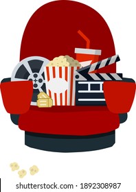 Cinema chair. Red armchair and seat. Set of movie elements. Film, corn popcorn, soda drink. Concept and objects. Cartoon flat illustration isolated on white