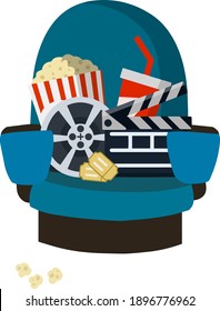Cinema chair. Red armchair and seat. Set of movie elements. Film, corn popcorn, soda drink. Concept and objects. Cartoon flat illustration isolated on white