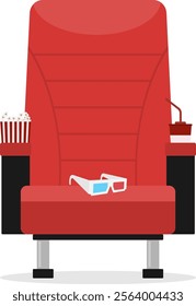 Cinema chair, red, comfortable cinema chair with popcorn, soda and 3D glasses isolated on white background. Vector, cartoon illustration. Vector.