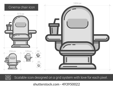 Cinema chair vector line icon isolated on white background. Cinema chair line icon for infographic, website or app. Scalable icon designed on a grid system.