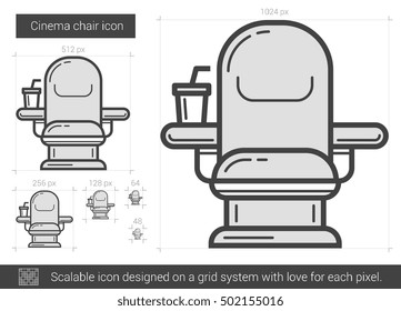 Icono de línea vectorial de la silla de cine aislado en fondo blanco. Icono de línea de silla de cine para infografía, sitio web o aplicación. Icono escalable diseñado en un sistema de cuadrícula.