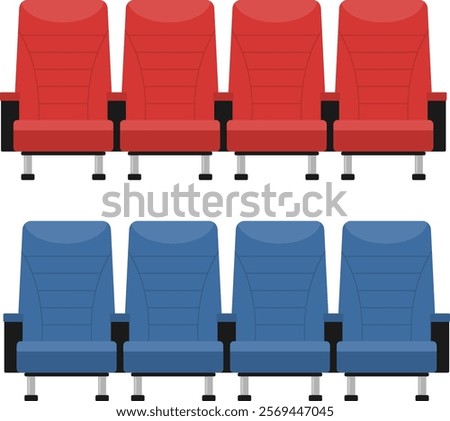 Cinema chairs, set of blue and red cinema chairs isolated on white background. Vector, cartoon illustration. Vector.