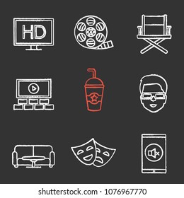 Cinema chalk icons set. HD display, filmstrip roll, direcror chair, cold drink, 3D glasses, theater masks, turn off sign, stereo system, poster. Isolated vector chalkboard illustrations