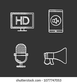 Cinema chalk icons set. HD display, mute mode, microphone, megaphone. Isolated vector chalkboard illustrations