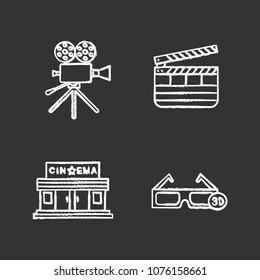 Cinema chalk icons set. Movie camera, cinema building, 3D glasses, clapperboard. Isolated vector chalkboard illustrations