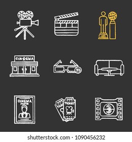 Cinema chalk icons set. Movie camera, clapperboard, awards, cinema building, 3D glasses, film frame, tickets, poster, table and sofa. Isolated vector chalkboard illustrations