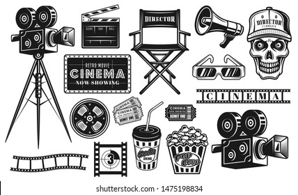 Cinema and cinematography big set of vector black objects or design elements in vintage style isolated on white background
