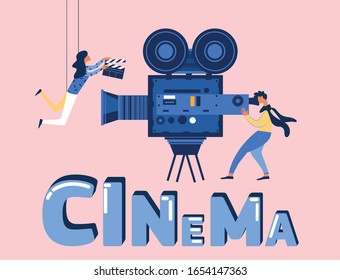 Cinema and Cinematography Industry Banner with Moviemakers and Videocamera on Pink Background. Operator Shooting Scene on Camcorder, Woman Assistant with Clapper. Cartoon Flat Vector Illustration