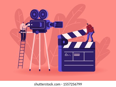 Cinema and Cinematography Industry Concept with Moviemakers and Videocamera. Operator Shooting Scene on Camcorder, Assistant with Clapper Indicating Numbers of Takes. Cartoon Flat Vector Illustration