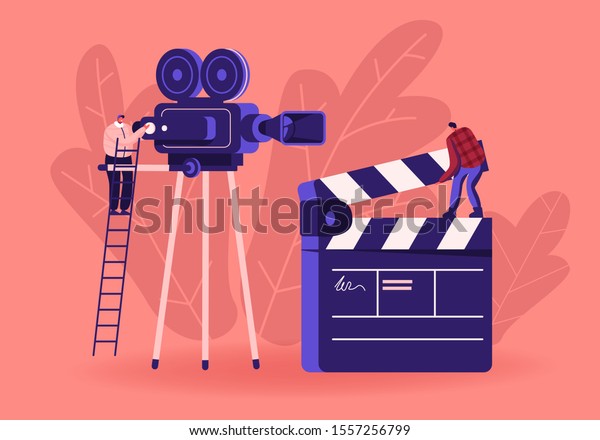 Cinema and Cinematography Industry Concept\
with Moviemakers and Videocamera. Operator Shooting Scene on\
Camcorder, Assistant with Clapper Indicating Numbers of Takes.\
Cartoon Flat Vector\
Illustration