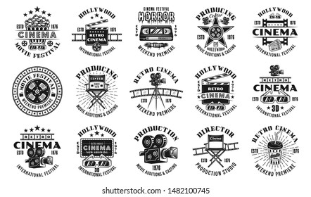 Cinema and cinematography set of fifteen vector emblems, labels, badges or logos in monochrome vintage style isolated on white background