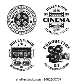 Cinema and cinematography set of four vector emblems, labels, badges or logos in monochrome vintage style isolated on white background