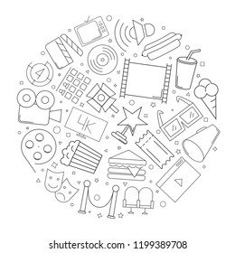Cinema circle background from line icon. Linear vector pattern. Vector illustration