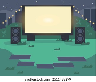 Ein Kino in einem Stadtpark mit Matten. Vektorgrafiken einer Nachtfilmvorführung mit Projektionsfläche, Hintergrundbeleuchtung, Lautsprechern und entspannter Atmosphäre