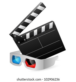 Cinema clap with 3D glasses. Vector illustration.