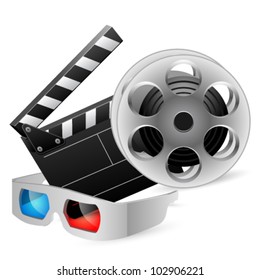 Cinema clap and film reel with anaglyph glasses. Vector illustration