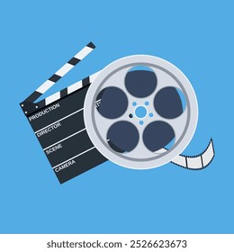 Cinema Clap y Film Reel. Ilustración vectorial en estilo plano