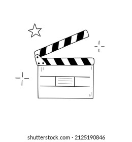 Cinema clapboard clickcer line icon. Clapperboard isolated doodle drawing element. Vector illustration