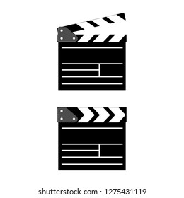 Cinema Clapboard Isolated on Background. Retro Clapperboard for Video Camera Action. Documentary Hollywood Studio Equipment. Open and Closed Clapper Board. Cartoon Style Illustration.