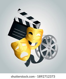 Cinema clapboard masks and reel design, Movie video film media entertainment theme Vector illustration