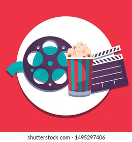 cinema clapboard with tape reel with popcorn