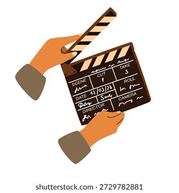 Cinema clapper bord in hands. Cartoon vector illustration isolated on a white background. Filming of a movie or show with date, time, name of cameraman and director. For use in banner, poster template