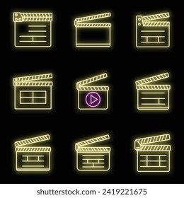 Cinema clapper icons set. Outline set of cinema clapper vector icons neon color on black