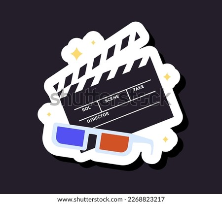 Cinema clapperboard and 3d glasses sticker. Equipment for filming and watching movies. Graphic element for social networks and messengers. Theme of cinema. Cartoon flat vector illustration