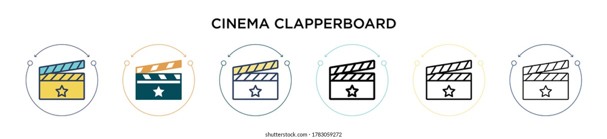 Cinema clapperboard icon in filled, thin line, outline and stroke style. Vector illustration of two colored and black cinema clapperboard vector icons designs can be used for mobile, ui, web