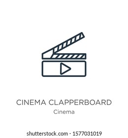 Cinema clapperboard icon. Thin linear cinema clapperboard outline icon isolated on white background from cinema collection. Line vector sign, symbol for web and mobile