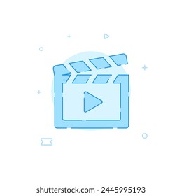 Cinema clapperboard vector icon. Flat illustration. Filled line style. Blue monochrome design. Editable stroke. Adjust line weight.