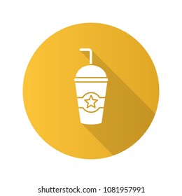 Cinema cold drink flat design long shadow glyph icon. Disposable paper or plastic cup with star. Vector silhouette illustration