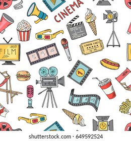 Cinema collection set. Vector seamless pattern of cinematography elements