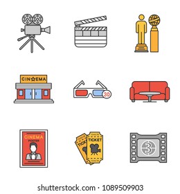 Cinema color icons set. Movie camera, clapperboard, awards, cinema building, 3D glasses, film frame, tickets, poster, table and sofa. Isolated vector illustrations