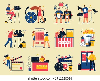 Cinema color set with isolated characters of movie makers visitors popcorn and images of filming equipment vector illustration