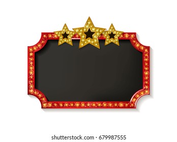 Cinema color shape frame with shining light bulbs on wlite background with three red stars. Vector illustration