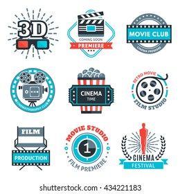 Cinema colorful emblems with projector reel clapper 3d-glasses award ticket popcorn rays chair isolated vector illustration