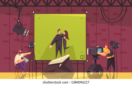 Cinema comedy fantasy romance scene comic style composition with film director shooting aliens hugging couple vector illustration