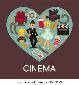 Cinema commercial banner with cinematographic symbols inside heart