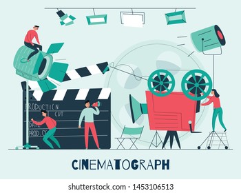 Cinema composition with film studio and shooting team at work flat vector illustration