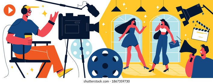 Cinema Composition With View Of Film Set With Actresses And Production Crew With Camera Lighting Equipment Vector Illustration