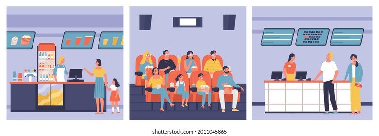 Cinema compositions with visitors taking beverage drinks sitting in auditorium buying tickets vector illustration